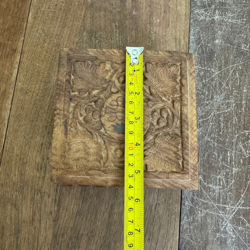 Vintage‎ Solid Wood Carved Jewelry Trinket Box Made in India